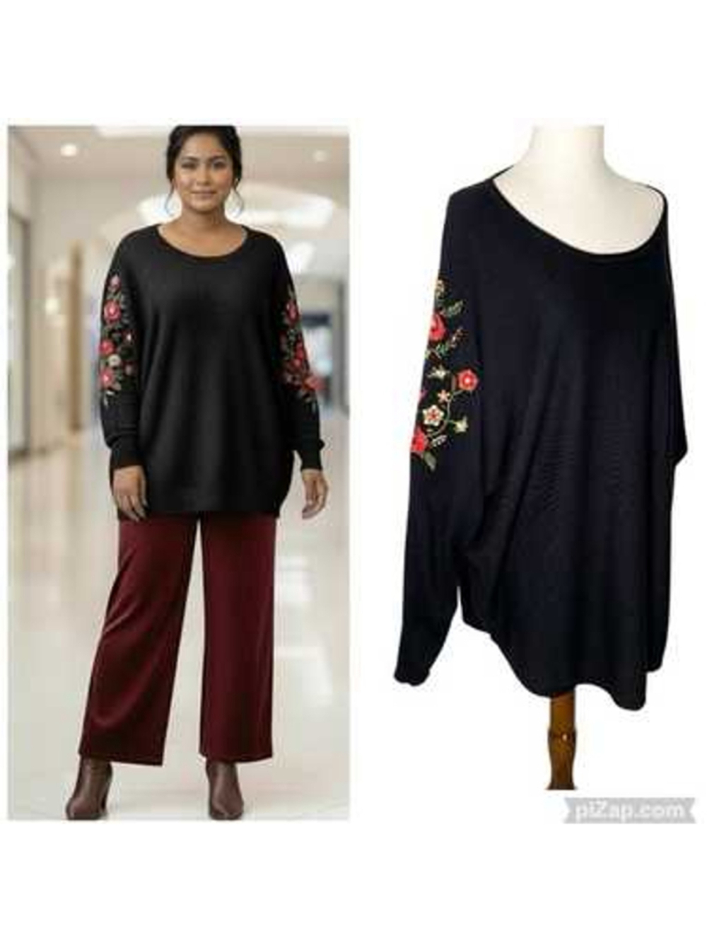 Women's Aaeda Black Floral Embroidered Crew Neck top Plus 1X